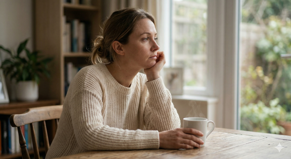 Femme pensive souffrant de fatigue persistante et de symptômes chroniques, illustration pour une approche en médecine fonctionnelle.