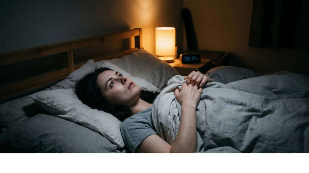 Personne allongée dans son lit la nuit, les yeux ouverts, illustrant l’insomnie et l’hyperactivité mentale liée aux troubles du sommeil