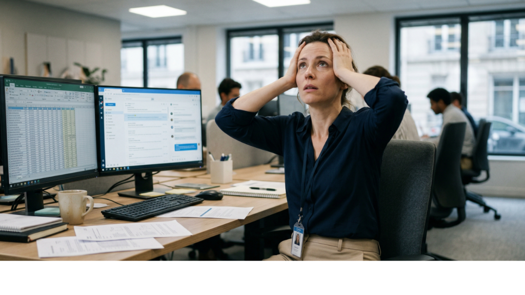 Femme au travail en état de surcharge mentale, tenant sa tête entre ses mains, illustrant un système nerveux en état d’alerte et un stress chronique