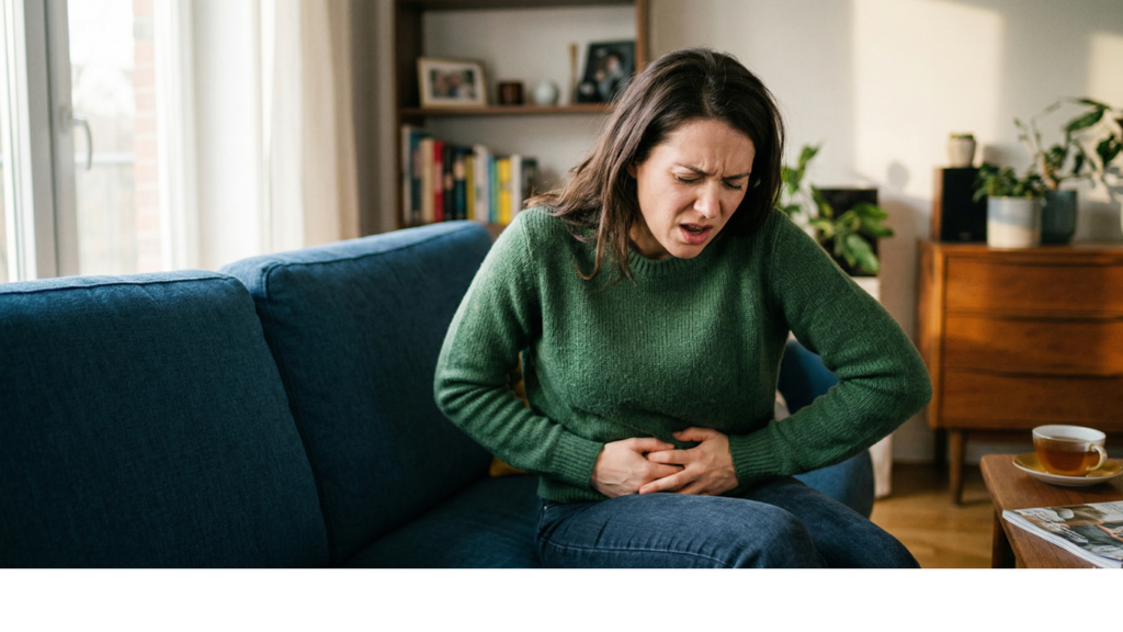 Femme assise sur un canapé souffrant de douleurs abdominales et de ballonnements, illustrant les troubles digestifs chroniques.