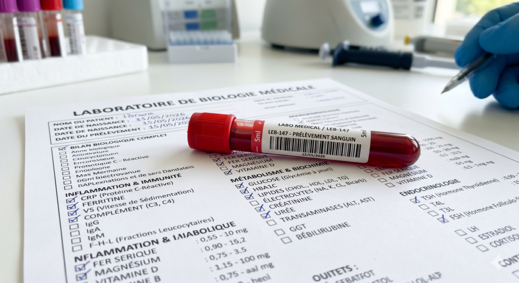 Tube de prélèvement sanguin posé sur un bilan de biologie médicale avec analyses de l’inflammation, du métabolisme, de la thyroïde et des carences nutritionnelles.