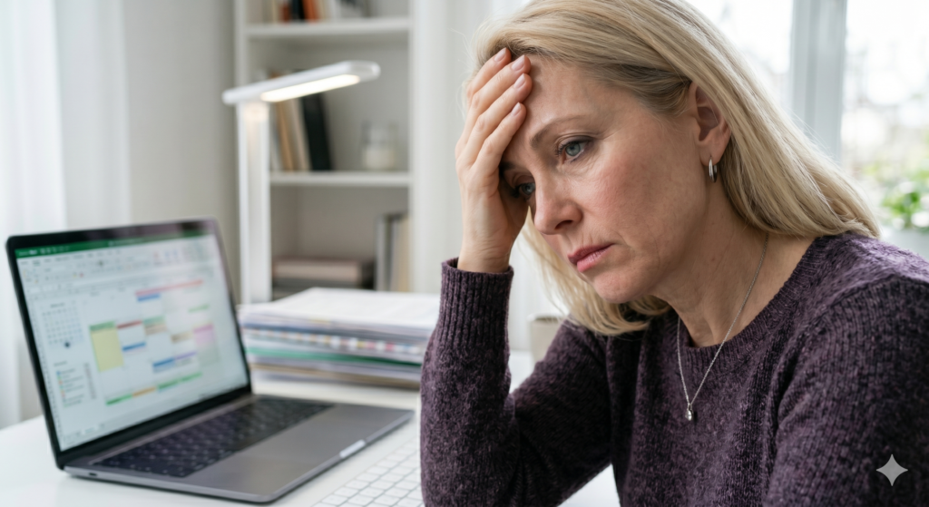 Femme fatiguée devant un ordinateur avec difficulté de concentration, illustrant le brouillard mental, la fatigue cognitive et l’inflammation cérébrale chronique.