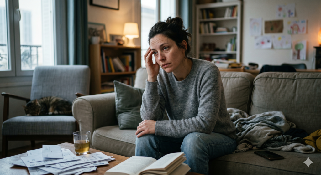 Femme assise sur son canapé semblant épuisée mentalement et physiquement, illustrant les symptômes fréquents d’un déséquilibre hormonal féminin : fatigue chronique, surcharge émotionnelle, stress et baisse de vitalité dans une approche de nutrition fonctionnelle.
