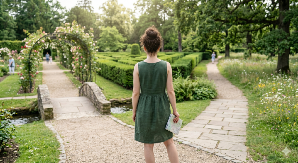 Femme face à plusieurs chemins dans un jardin, illustrant la difficulté à trouver une stratégie de santé cohérente malgré de nombreuses solutions testées.