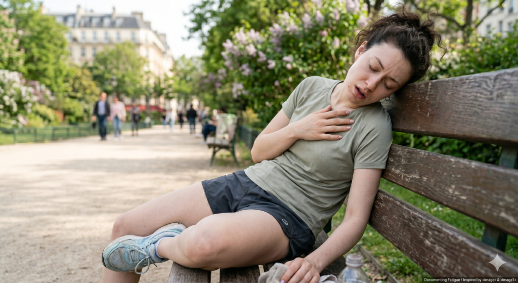 Jeune femme épuisée assise sur un banc après un effort physique léger, illustrant la fatigue chronique, la perte de récupération et la diminution de la flexibilité physiologique.