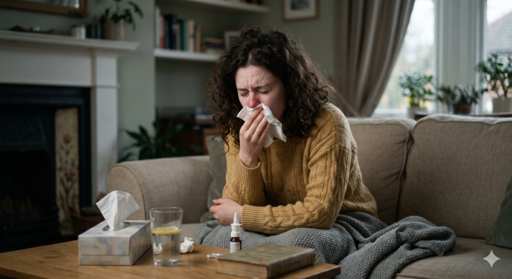 Femme fatiguée et enrhumée assise sur un canapé avec mouchoirs et spray nasal, illustrant l’épuisement immunitaire et l’inflammation chronique liés aux troubles auto-immuns.