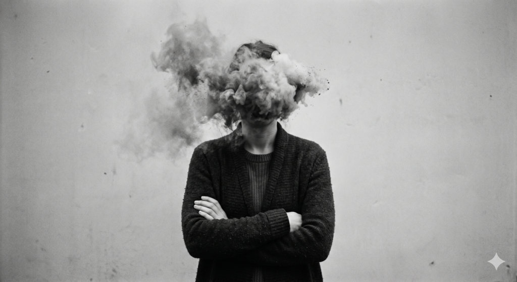 Femme debout les bras croisés avec le visage dissimulé dans un nuage de fumée, illustrant le brouillard mental, la perte de vitalité, l’épuisement nerveux et la sensation de ne plus être soi-même.