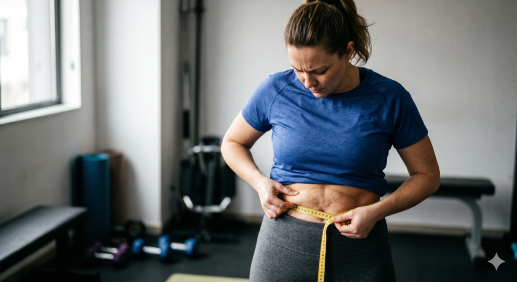 Femme en tenue de sport mesurant son tour de taille avec un mètre ruban, illustrant la prise de poids résistante, le stockage abdominal et le ralentissement métabolique lié au stress chronique.