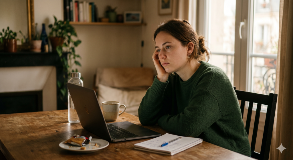Femme fatiguée devant son ordinateur après un repas, illustrant les fluctuations de glycémie, le brouillard mental et la fatigue métabolique liés à une instabilité énergétique en nutrition fonctionnelle.