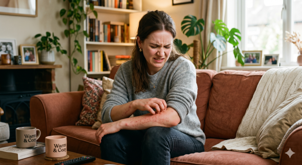 Femme présentant une réaction cutanée avec démangeaisons au bras illustrant l’hypersensibilité physiologique et l’inflammation chronique.