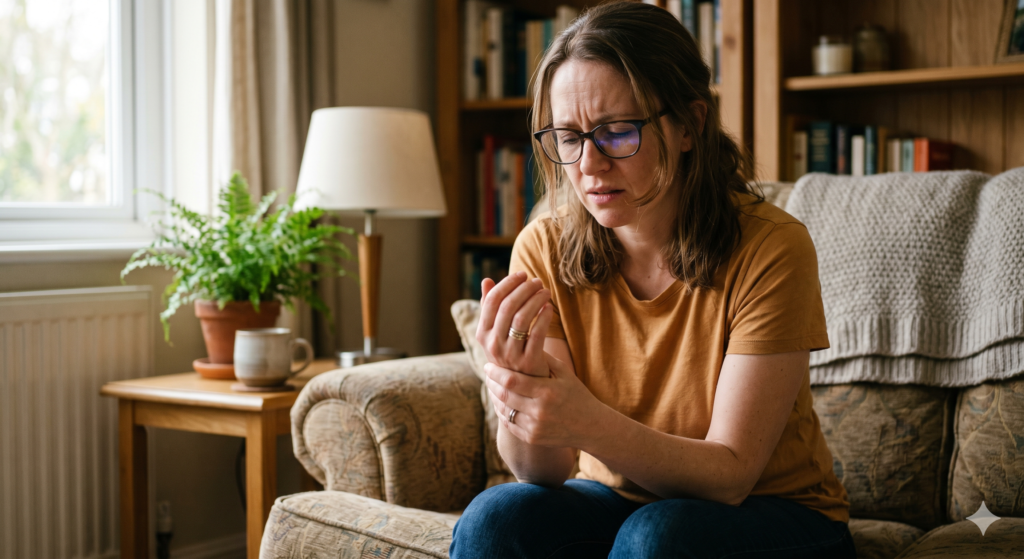 Femme souffrant de douleurs articulaires et de raideurs des mains dans un contexte d’inflammation chronique de bas grade, illustrant la fatigue, les douleurs diffuses et l’épuisement physiologique abordés en nutrition fonctionnelle.