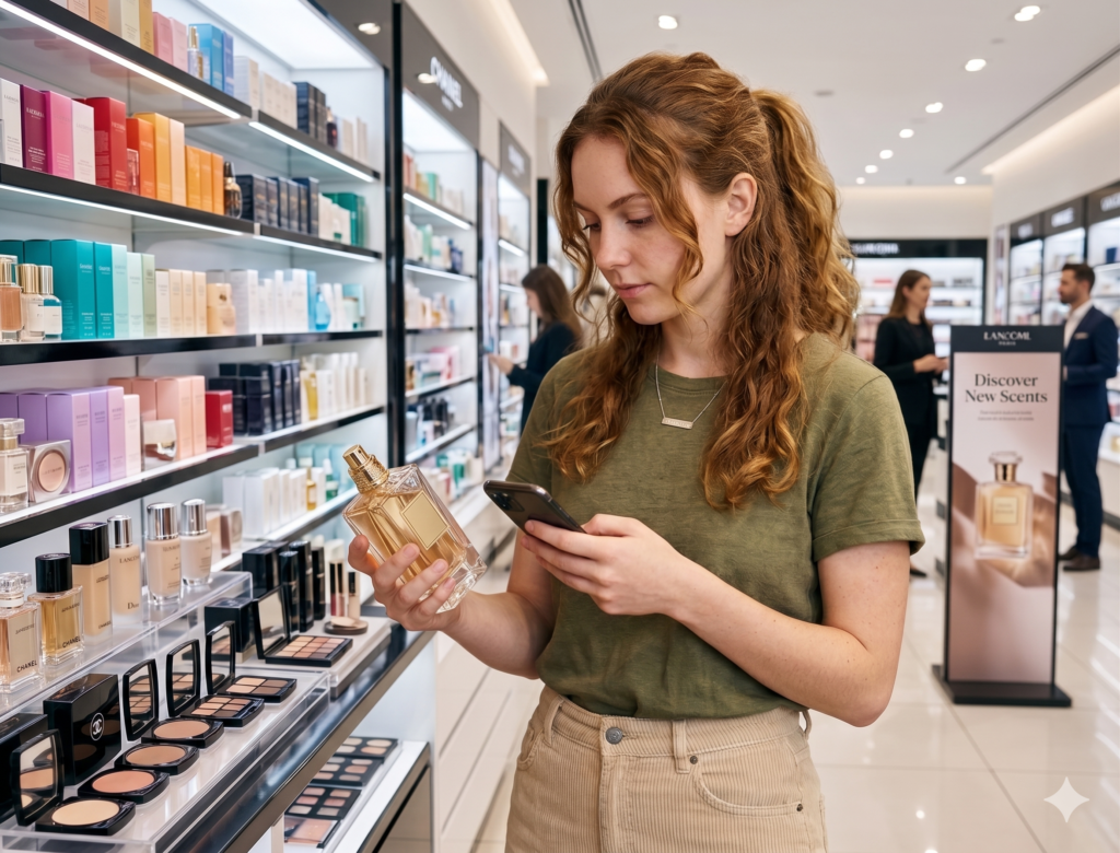 Femme analysant la composition de cosmétiques en magasin pour limiter son exposition aux perturbateurs endocriniens et à la charge toxique environnementale.
