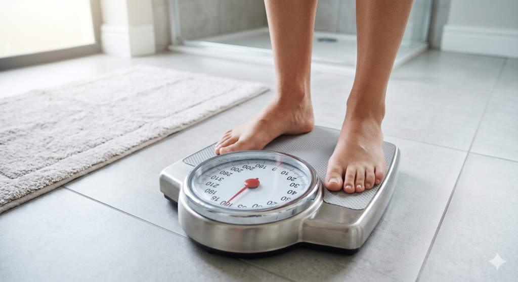 Femme montant sur une balance dans un contexte de prise de poids et de blocage métabolique, illustrant les difficultés de déstockage, la résistance à l’insuline et les déséquilibres hormonaux abordés en nutrition fonctionnelle.