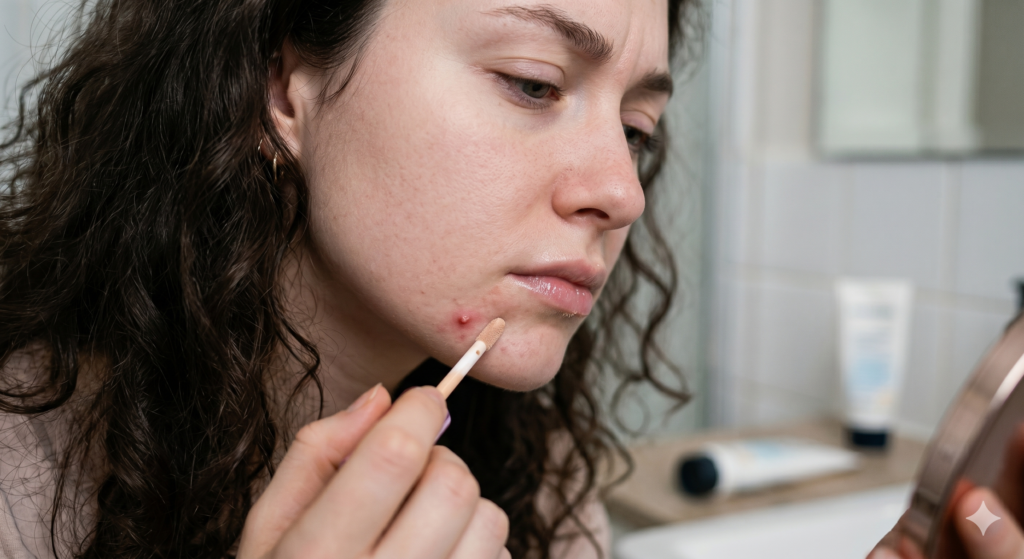 Femme fatiguée avec peau réactive et signes d’inflammation cutanée, illustrant le lien entre stress, digestion, hormones et santé de la peau.