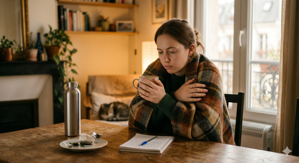 Femme fatiguée et frigorifiée enveloppée dans un plaid avec une boisson chaude, illustrant les symptômes fréquents d’un ralentissement thyroïdien : fatigue chronique, mains froides, brouillard mental et métabolisme ralenti en nutrition fonctionnelle.